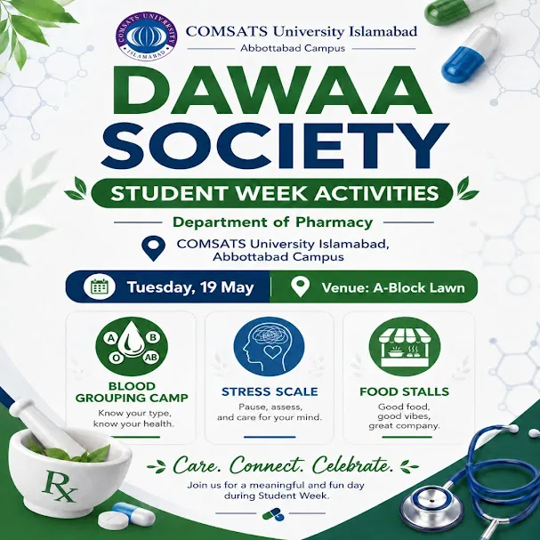 Dawaa Society Student Week Day 2 — Tuesday 19 May 2026: Blood Grouping Camp, Stress Scale, Food Stalls