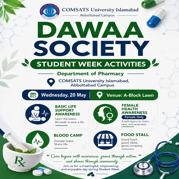 Dawaa Society Student Week Day 3 — Wednesday 20 May 2026: BLS, Female Health Awareness, Blood Camp, Food Stall